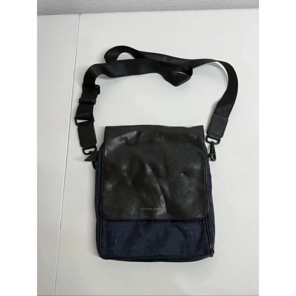 Armani Exchange Mens Blue Black Adjustable Strap Messenger Bag Magnetic Closure
